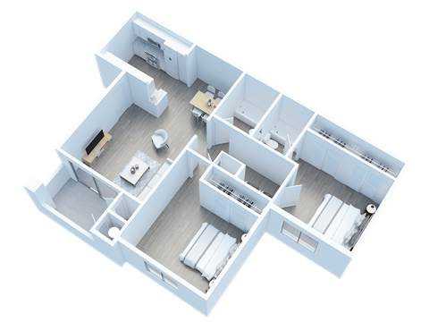 Floor plan for 2 beds, 2 baths, 883 sqft